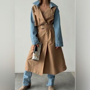 032. Trench Coat Jacket beige with denim sleeve